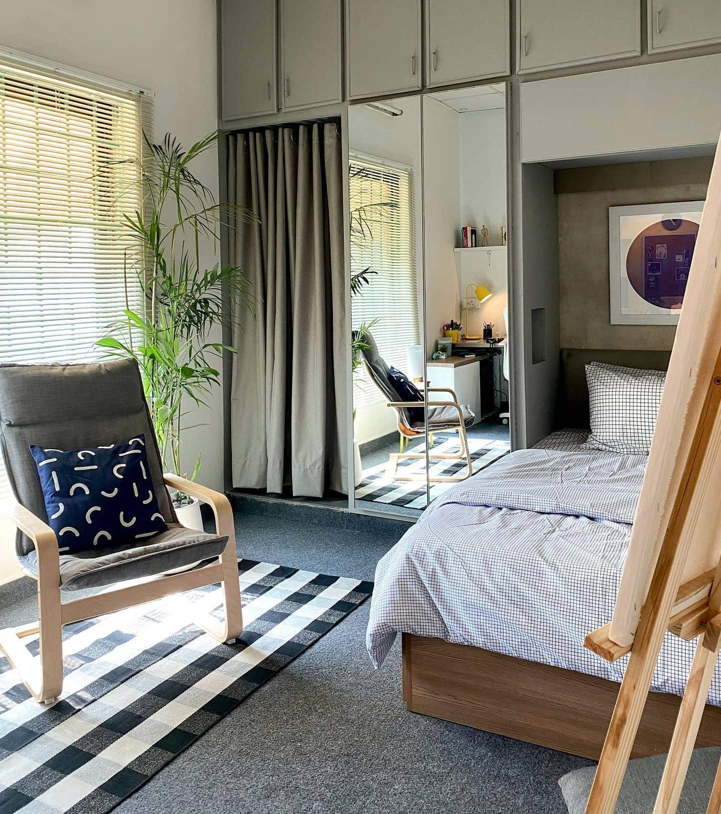 12. Mid-Century Gray Bedroom Office With Mirror Wardrobe Wall - home office bedroom ideas