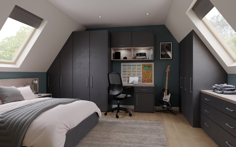 15. Attic Bedroom Office With Charcoal Built-In Storage - home office bedroom ideas