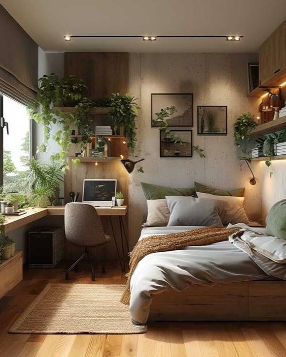 16. Cozy Natural Wood Bedroom Office With Indoor Plants - home office bedroom ideas