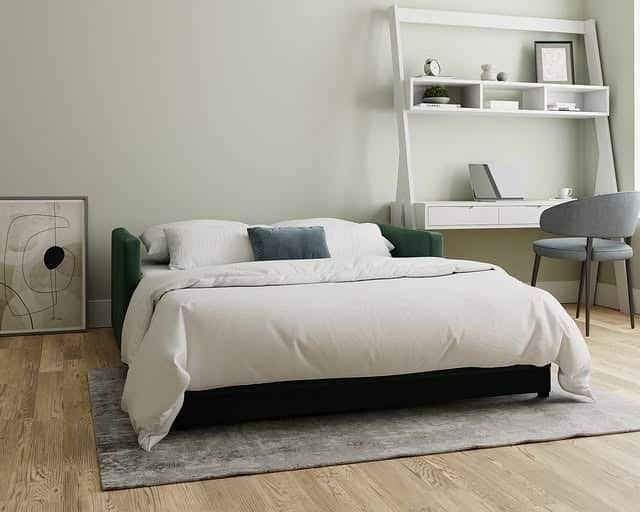 17. Soft Sage Bedroom Office With Floating Ladder Desk - home office bedroom ideas