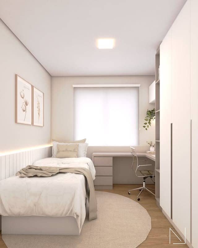 21. Soft Beige Minimalist Bedroom Office With Corner Desk - home office bedroom ideas