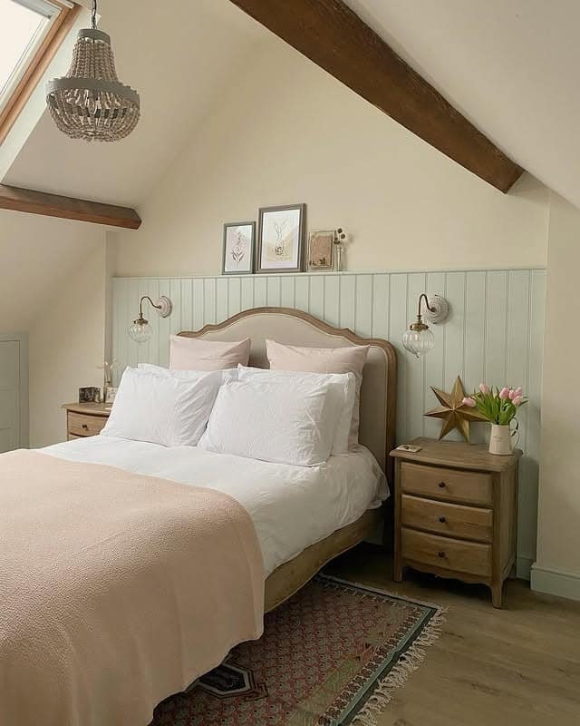 2. Cottage-Inspired Loft Bedroom with Soft Sage Paneling - loft bedroom ideas