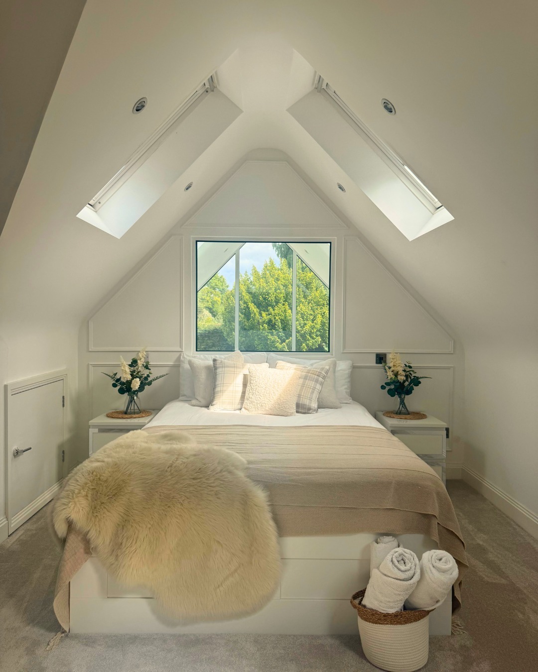 5. Bright White Loft Bedroom with Symmetrical Skylights - loft bedroom ideas