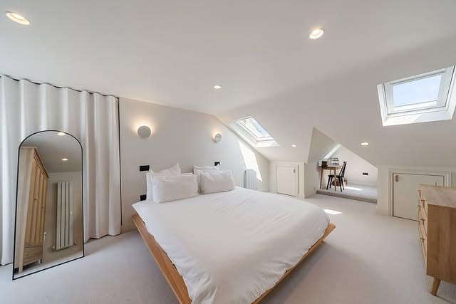 6. Minimalist All-White Loft Bedroom with Skylights - loft bedroom ideas