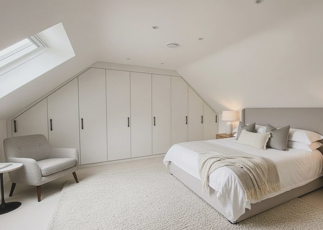 12. Soft Neutral Loft Bedroom with Built-In Wardrobes - loft bedroom ideas