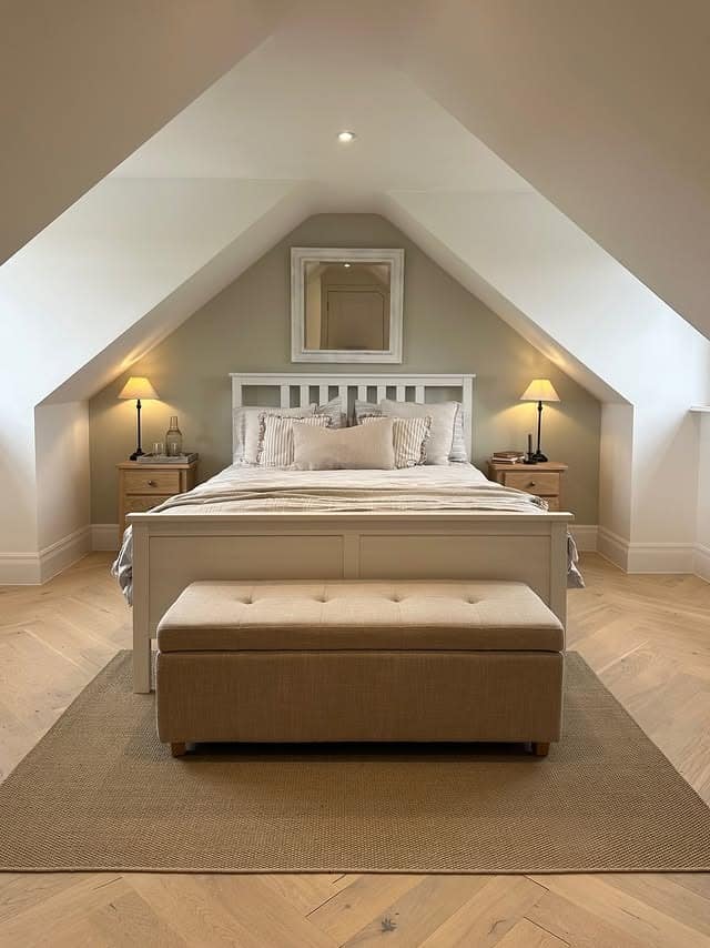 16. Symmetrical Neutral Loft Bedroom with Classic Panel Bed - loft bedroom ideas
