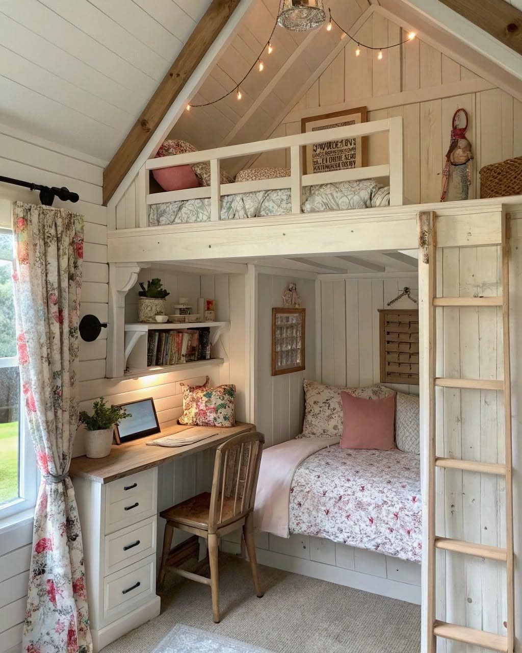 18. Cottage Loft Bedroom with Built-In Bunk and Study Nook - loft bedroom ideas