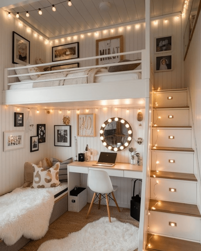 21. Warm White Loft Bedroom with Built-In Workspace and String Lighting - loft bedroom ideas