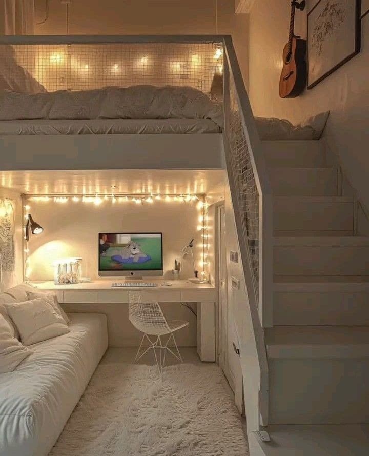 22. Soft White Loft Bedroom with Cozy Lounge and Study Nook - loft bedroom ideas