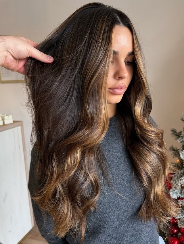 20. Golden Brunette Dimensional Long Layers - Brunette Hair Color
