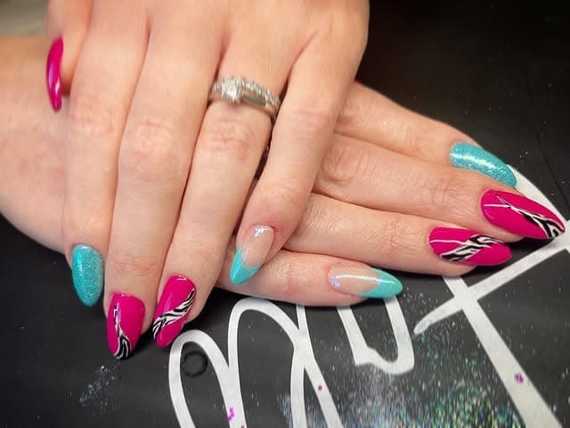 1. Pink and Teal Zebra Swirl Almond Nails - pink and teal nail ideas