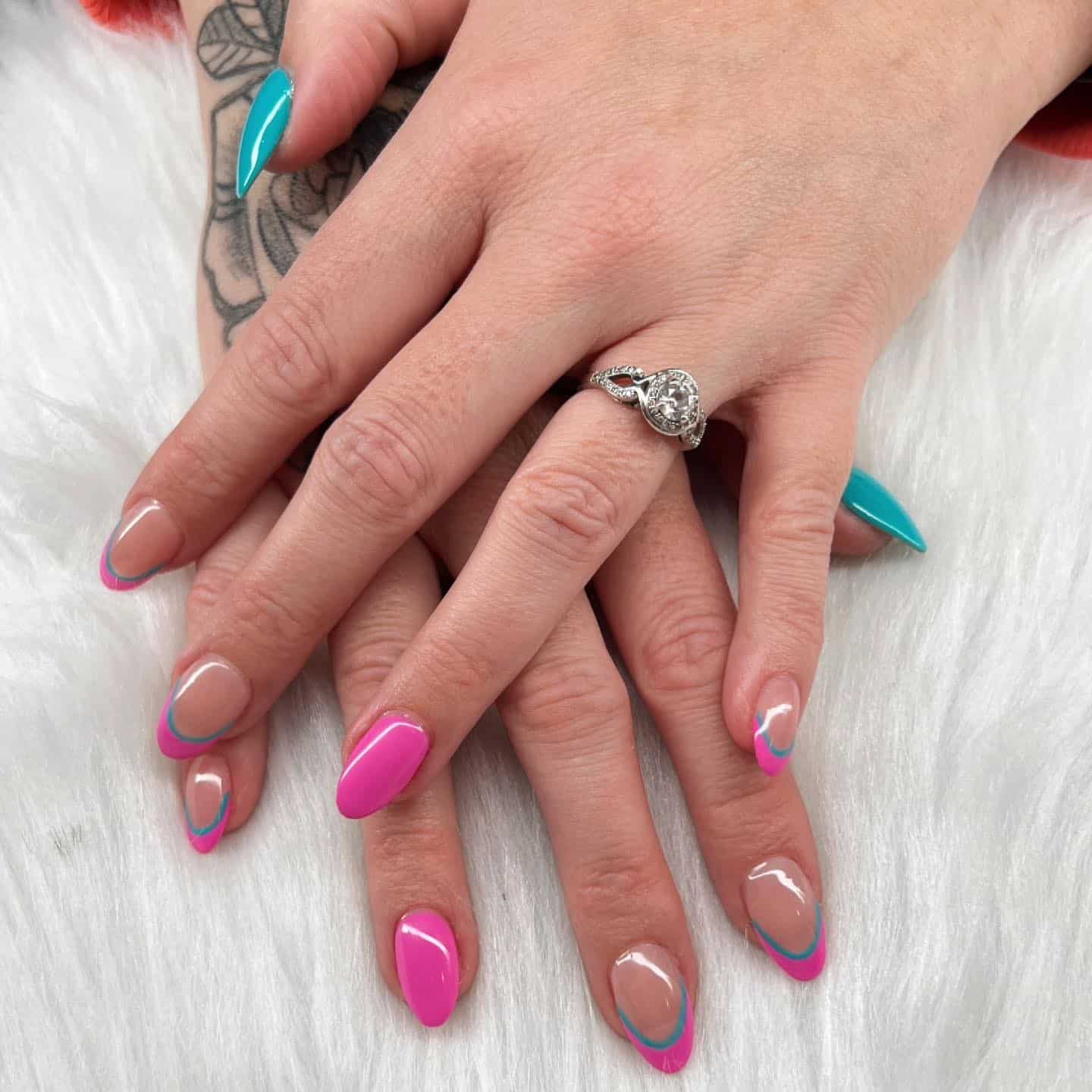 2. Pink and Teal French Curve Almond Nails - pink and teal nail ideas