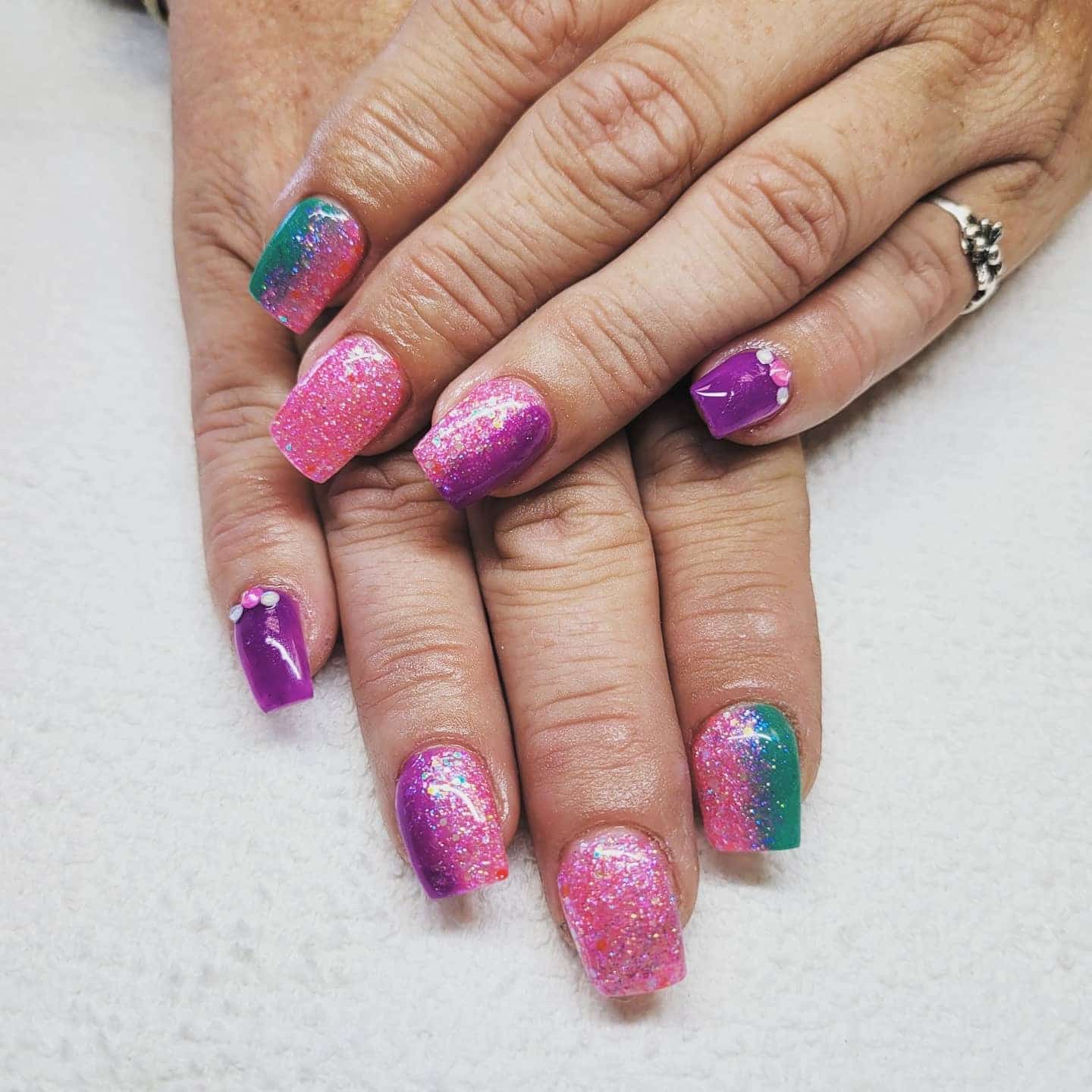 3. Pink, Teal and Purple Glitter Gradient Square Nails - pink and teal nail ideas