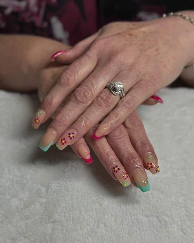 5. Pink and Teal Confetti Floral Almond Nails - pink and teal nail ideas