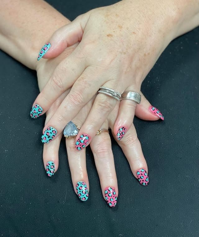 7. Pink and Teal Leopard Print Almond Nails - pink and teal nail ideas