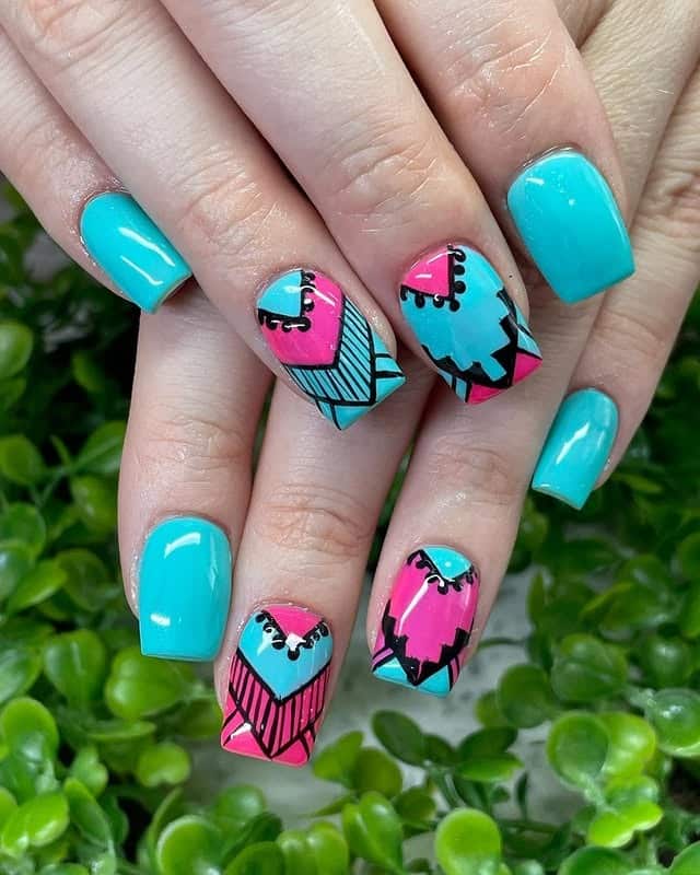 8. Teal and Pink Patchwork Square Nails - pink and teal nail ideas