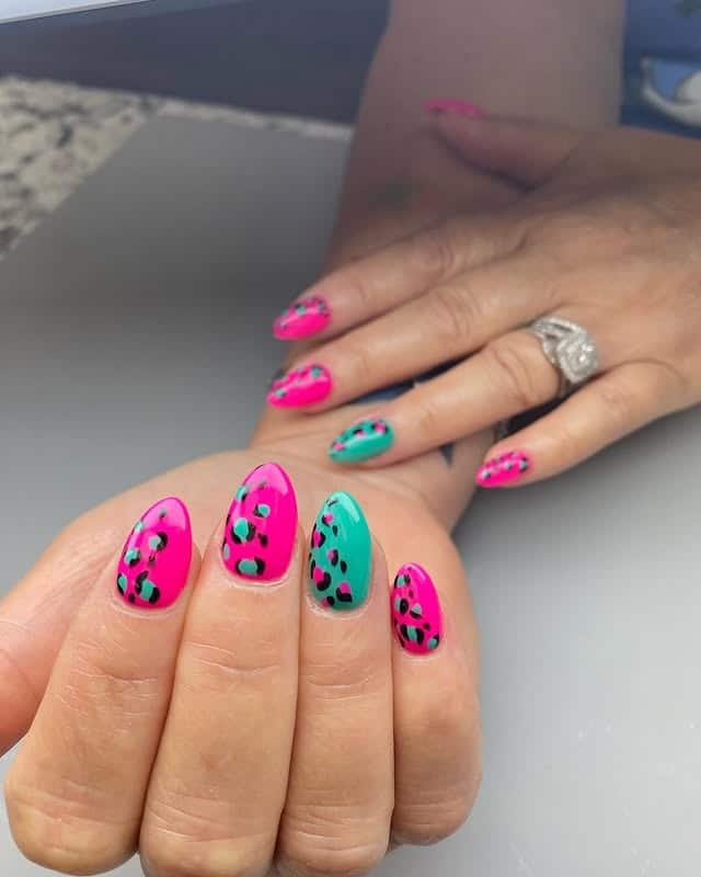 9. Pink and Teal Leopard Accent Almond Nails - pink and teal nail ideas