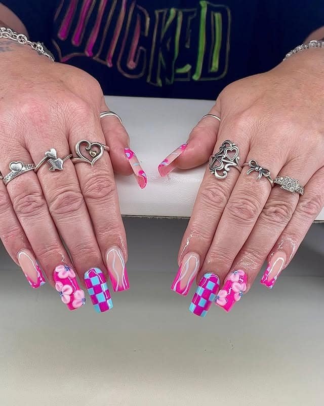 10. Pink and Teal Checkerboard and Floral Square Nails - pink and teal nail ideas