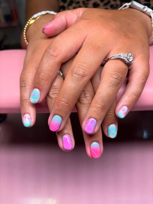11. Pink and Teal Pastel Blend Short Oval Nails - pink and teal nail ideas