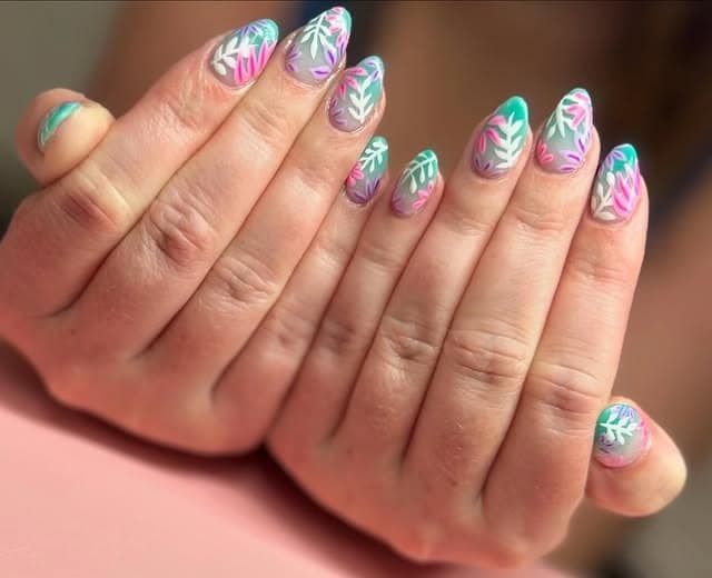 12. Pink and Teal Botanical Almond Nails - pink and teal nail ideas