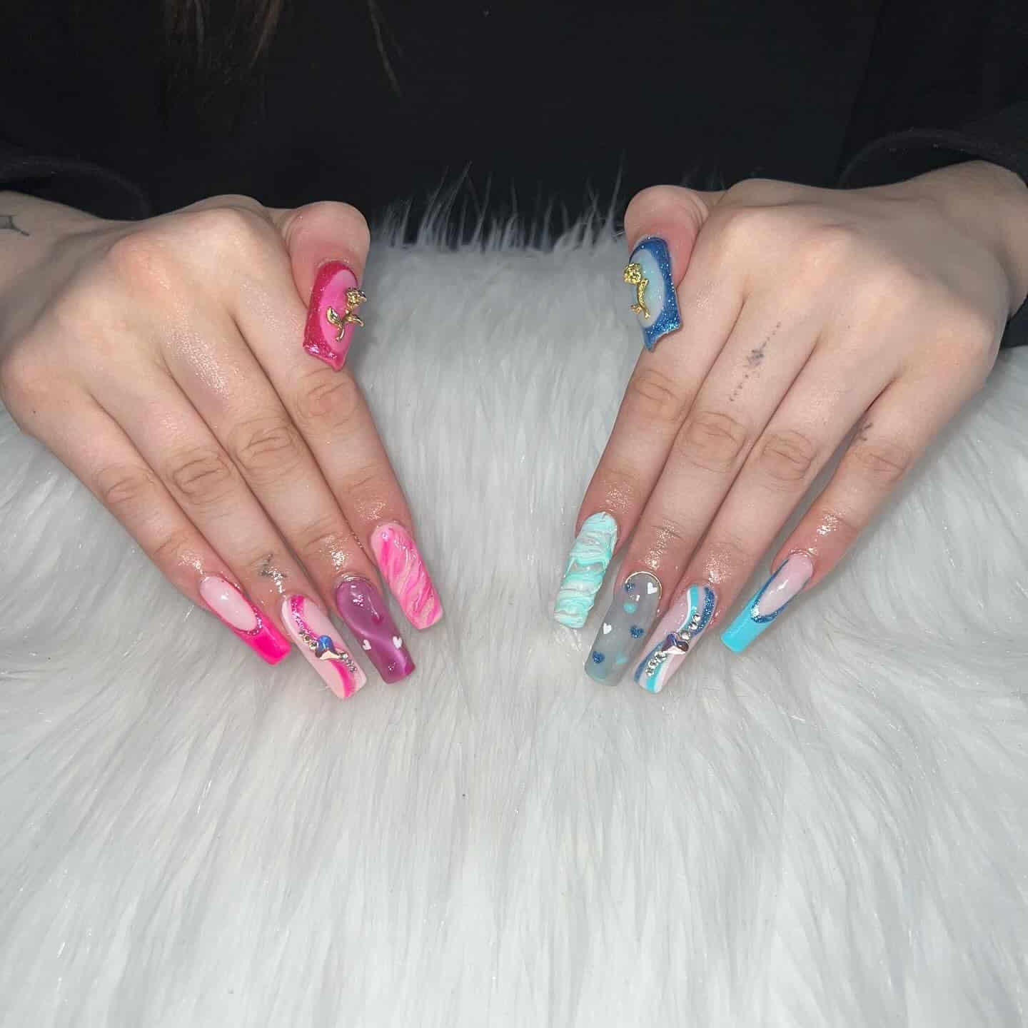 13. Pink and Teal Mixed Art Long Square Nails - pink and teal nail ideas
