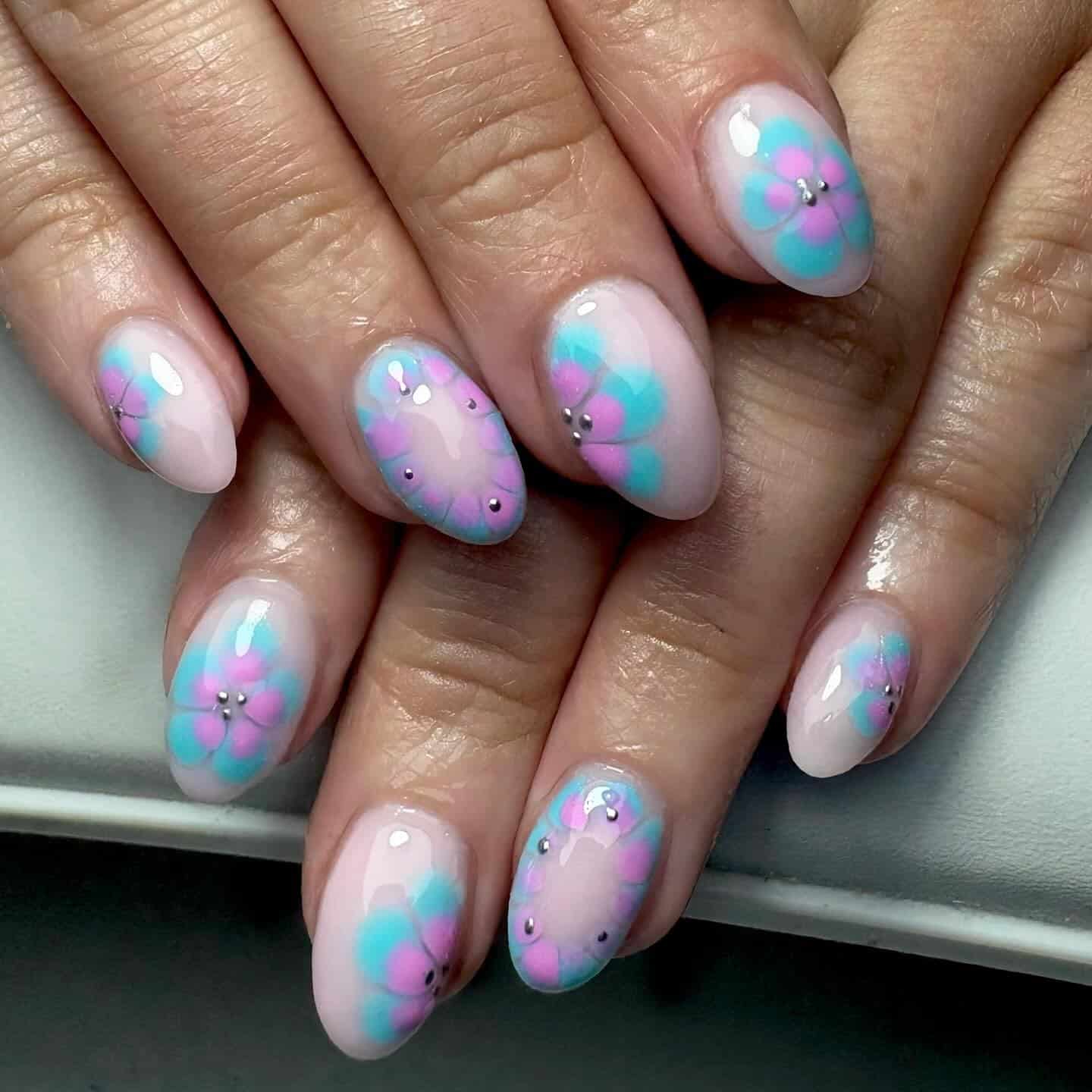 14. Pink and Teal Soft Floral Almond Nails - pink and teal nail ideas