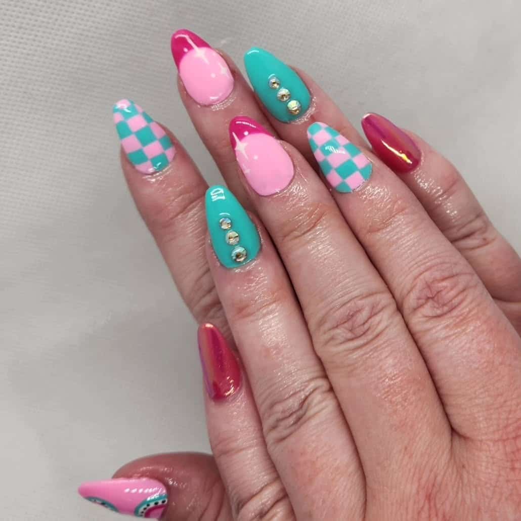 15. Pink and Teal Checkerboard and Chrome Almond Nails - pink and teal nail ideas