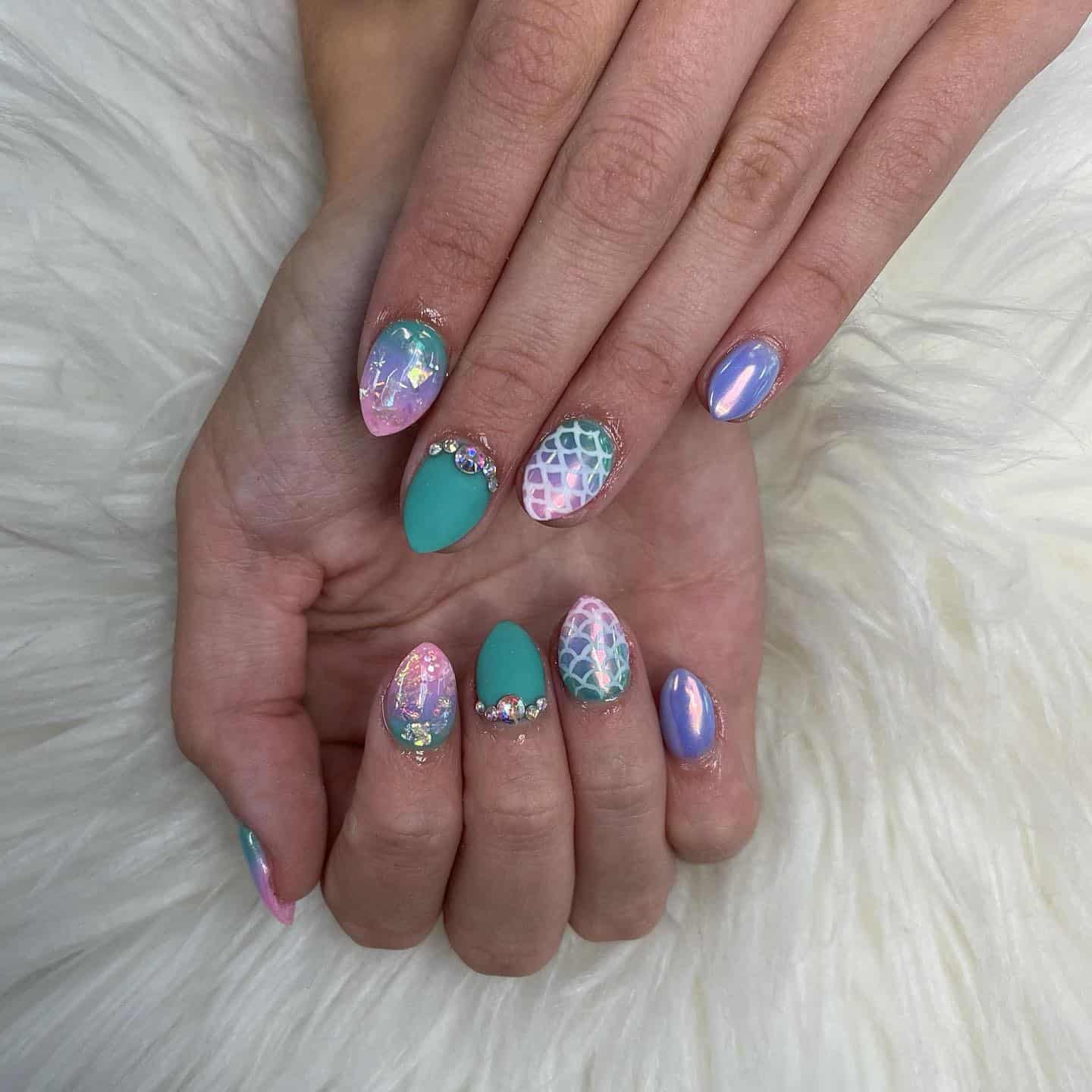 17. Pink and Teal Mermaid Scale Almond Nails - pink and teal nail ideas