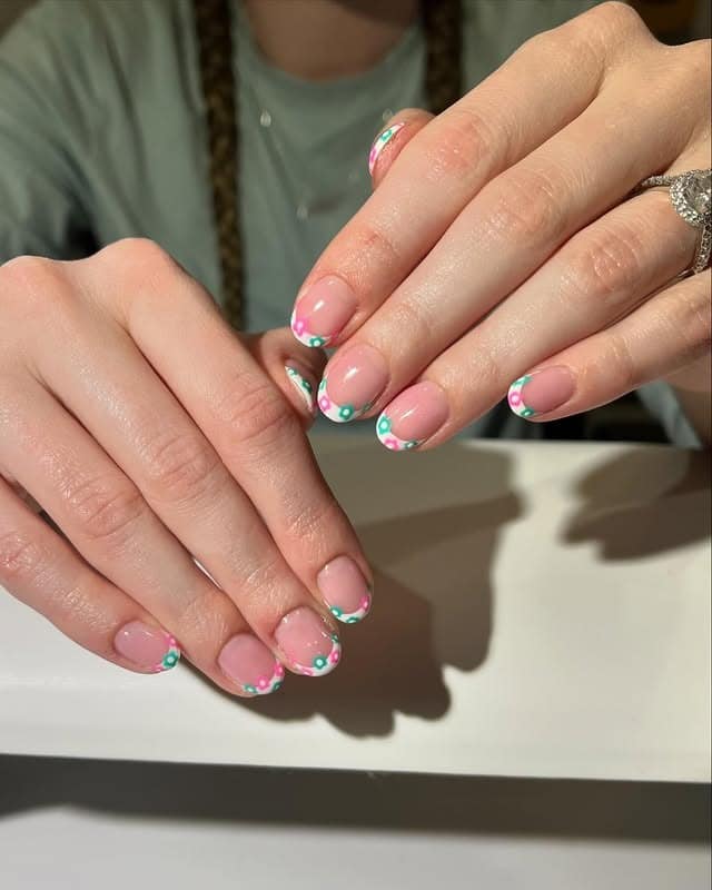 18. Pink and Teal Floral French Short Round Nails - pink and teal nail ideas