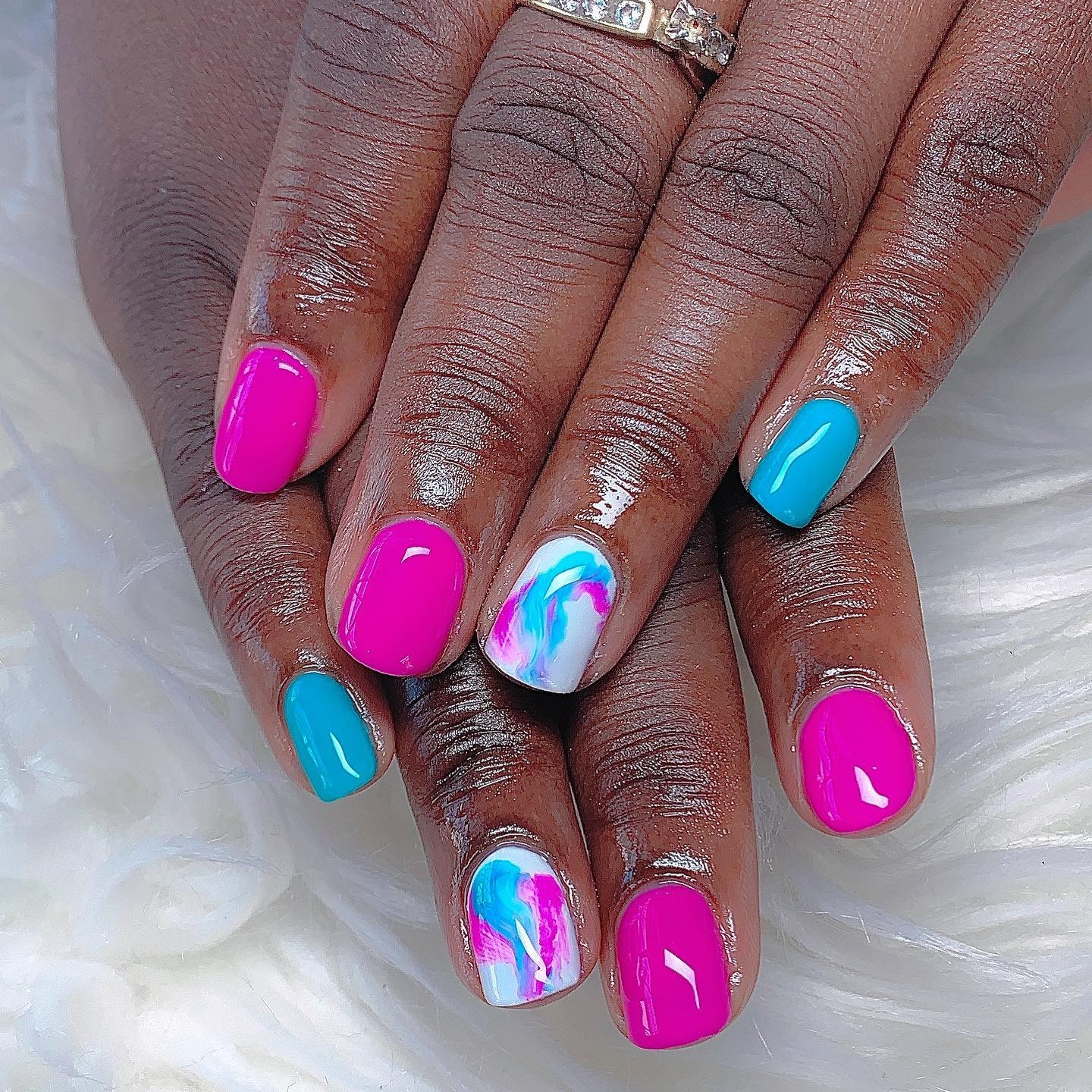 20. Pink and Teal Marble Accent Short Square Nails - pink and teal nail ideas