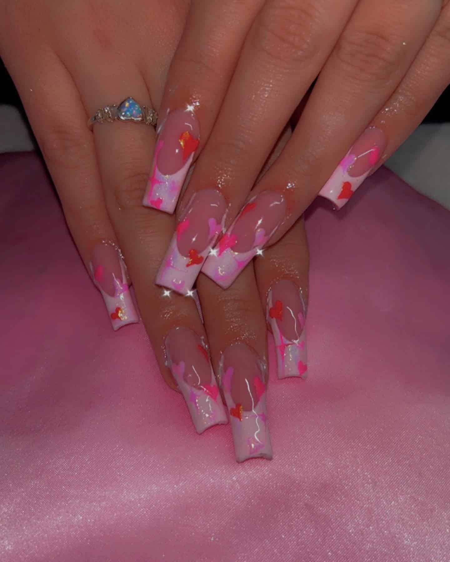 2. Nude Square French Tips with Pink and Red Heart Art - pink heart nail ideas