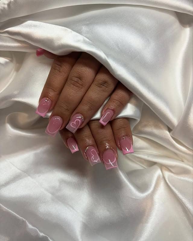 4. Sheer Pink Square Nails with Minimal Heart Line Art - pink heart nail ideas