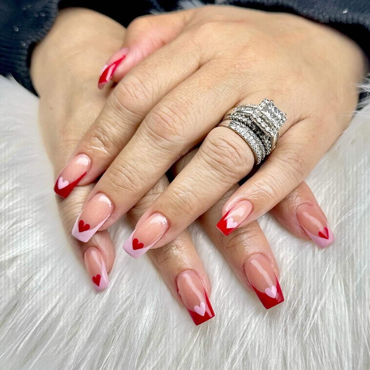 6. Red French Tip Square Nails with Classic Heart Details - pink heart nail ideas