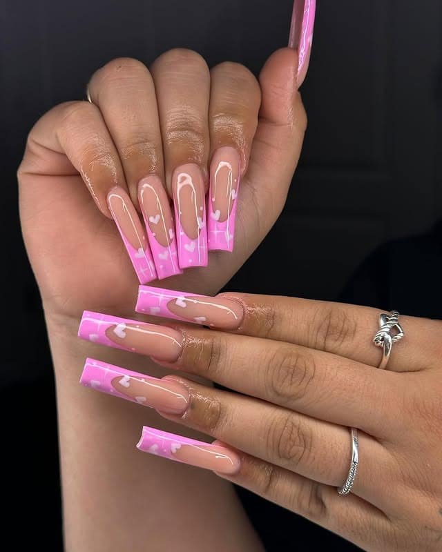 10. Long Pink Square Nails with White Heart French Design - pink heart nail ideas