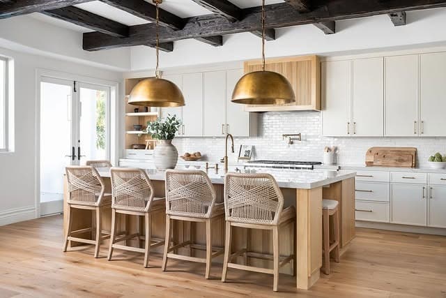 2. Cream Kitchen With Wood Island and Brass Pendant Lighting - cream kitchen ideas