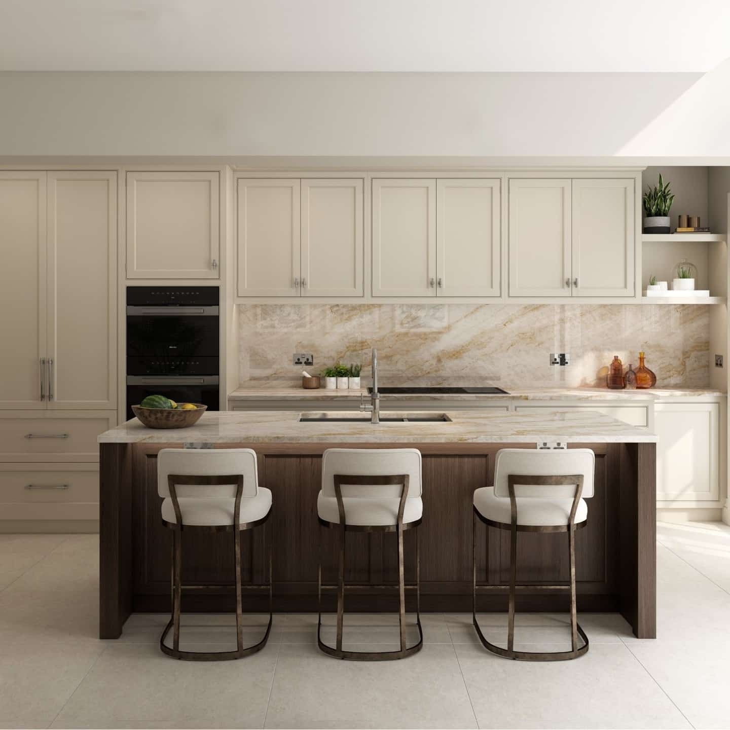 17. Modern Cream Kitchen With Wood Island and Stone Backsplash - cream kitchen ideas