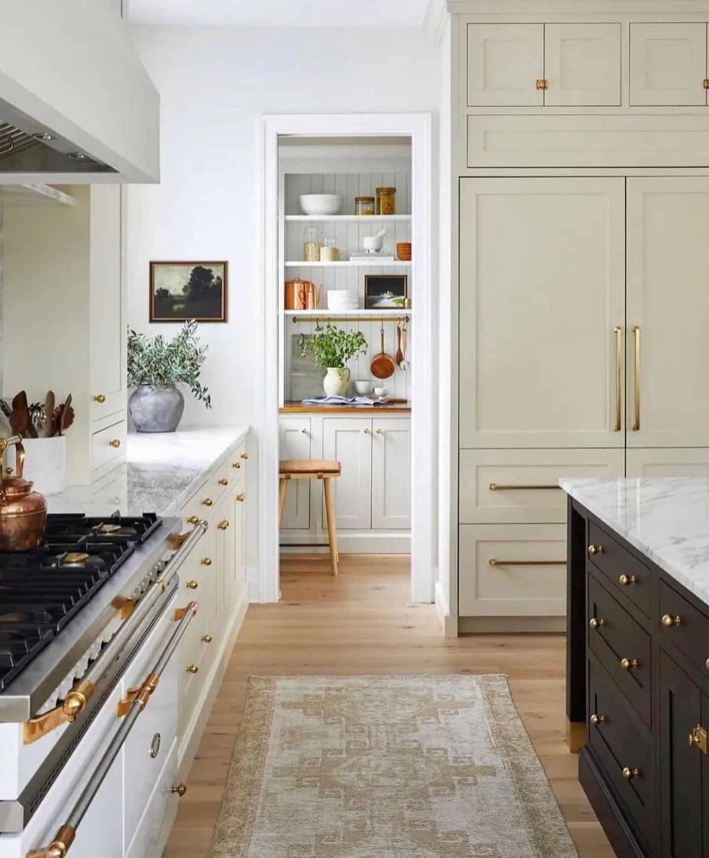 18. Classic Cream Kitchen With Brass Hardware and Butler’s Pantry View - cream kitchen ideas