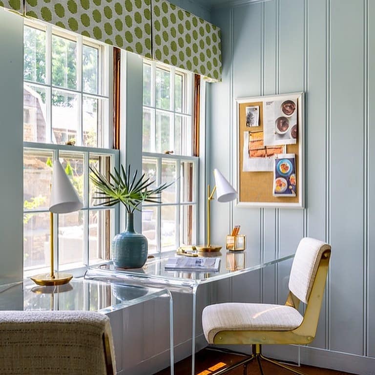 1. Light Blue Paneled Small Office with Green Accent Valance - small office ideas