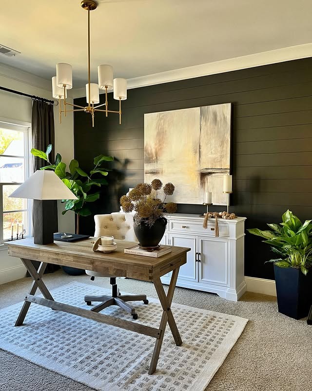 3. Dark Green Statement Wall Office with Rustic Wood Desk - small office ideas