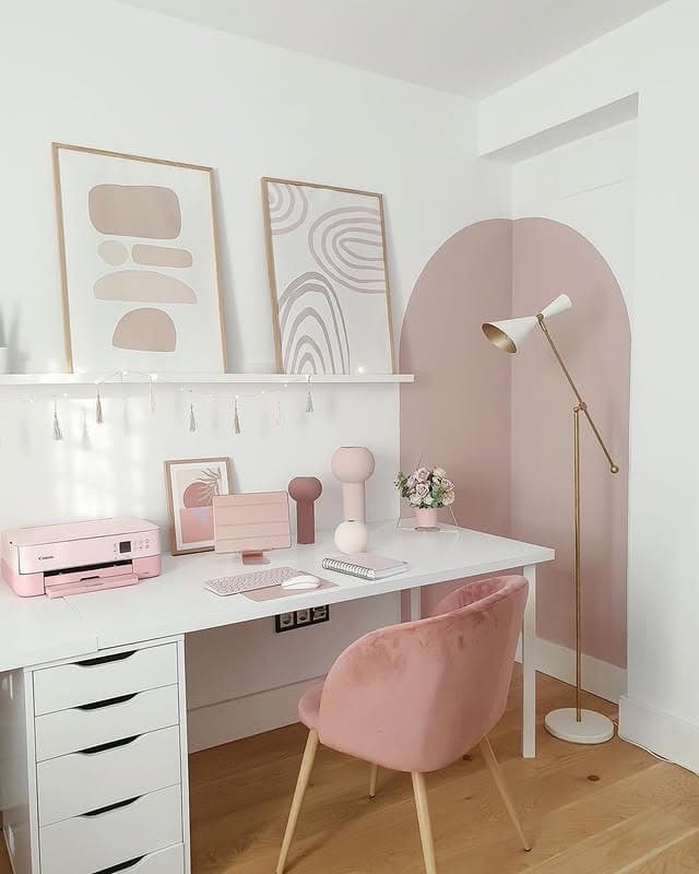 4. Soft Pink Feminine Small Office with Modern Art and Brass Lighting - small office ideas