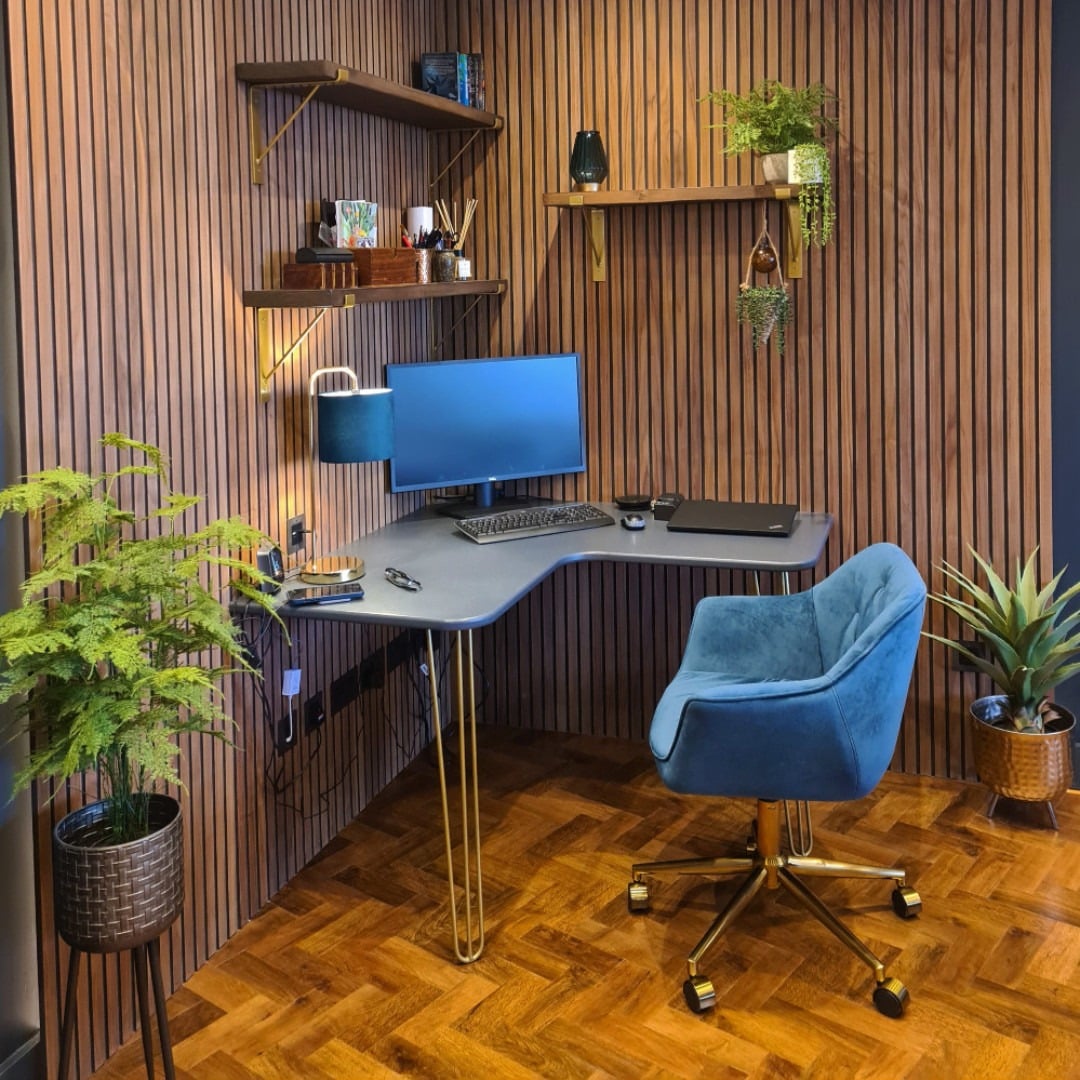 5. Warm Wood Slat Wall Office with Modern Corner Desk - small office ideas