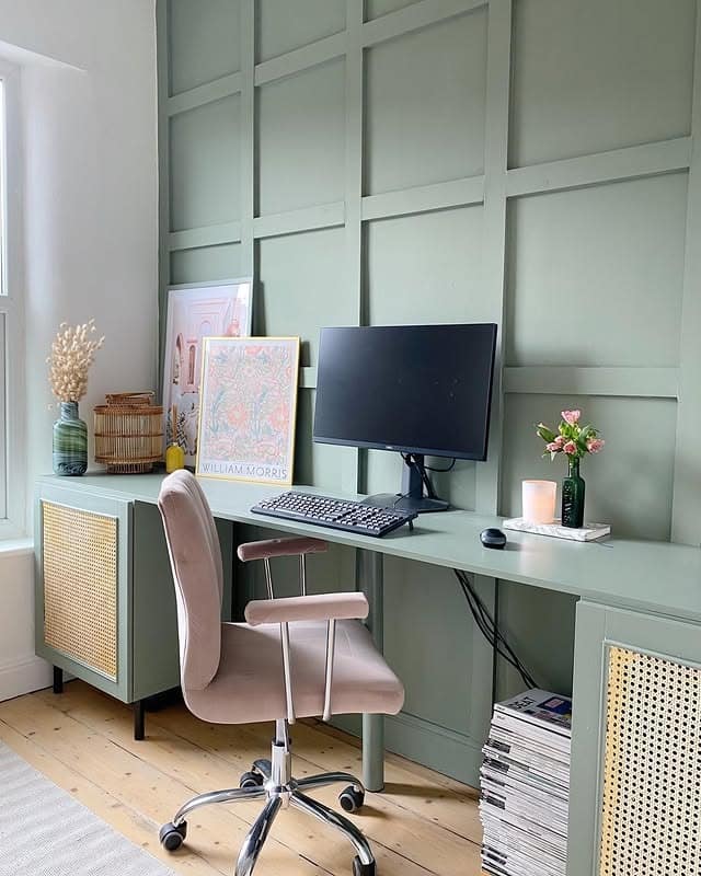11. Sage Green Paneled Small Office with Blush Chair - small office ideas