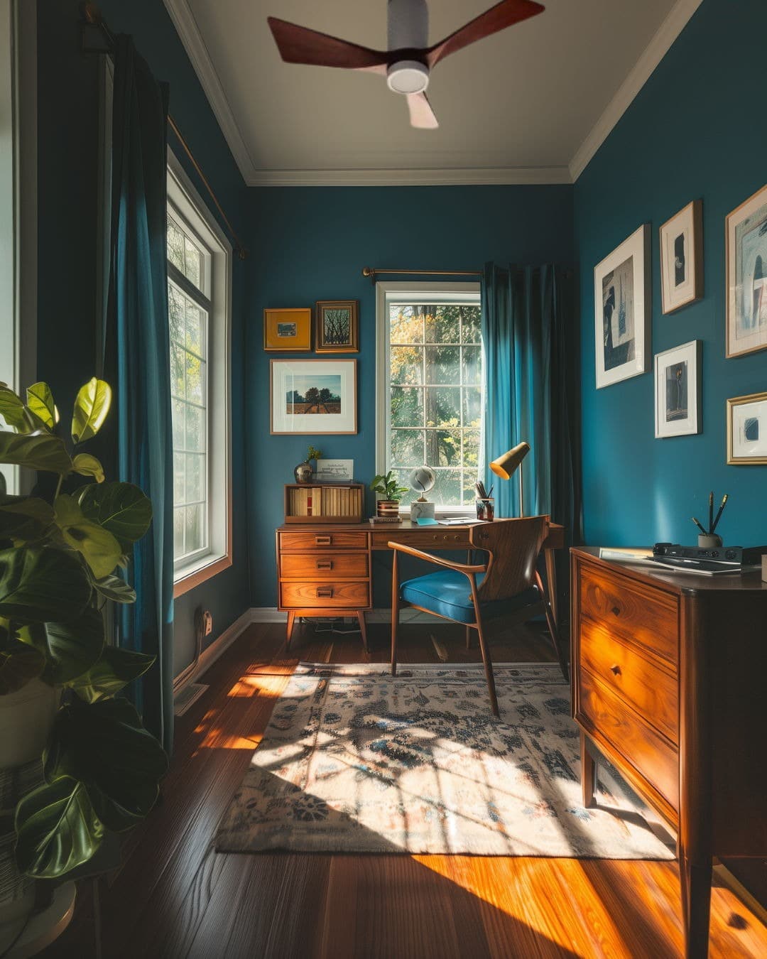 12. Deep Teal Mid-Century Small Office with Walnut Furniture - small office ideas