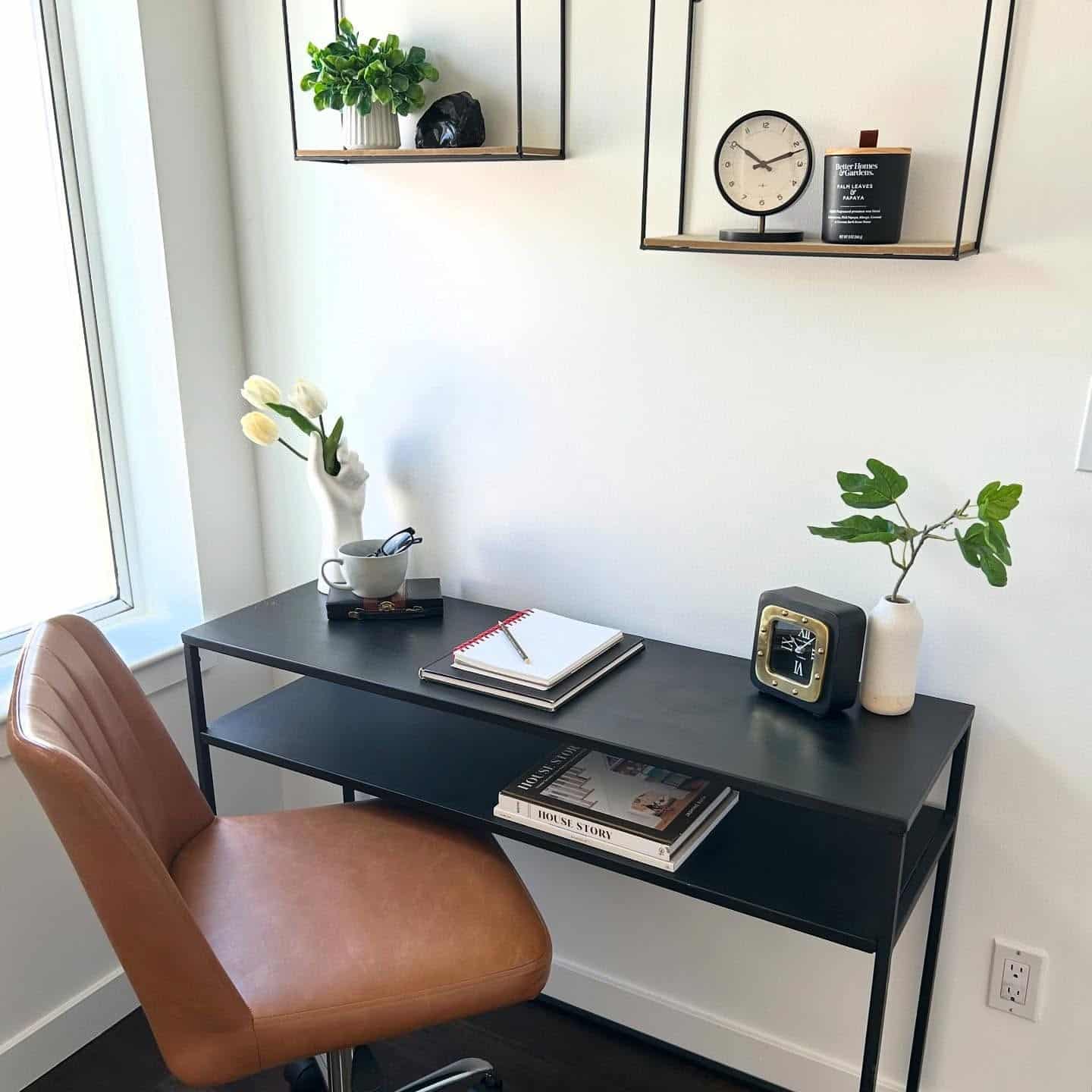 14. Black Minimal Desk Setup with Warm Leather Chair - small office ideas