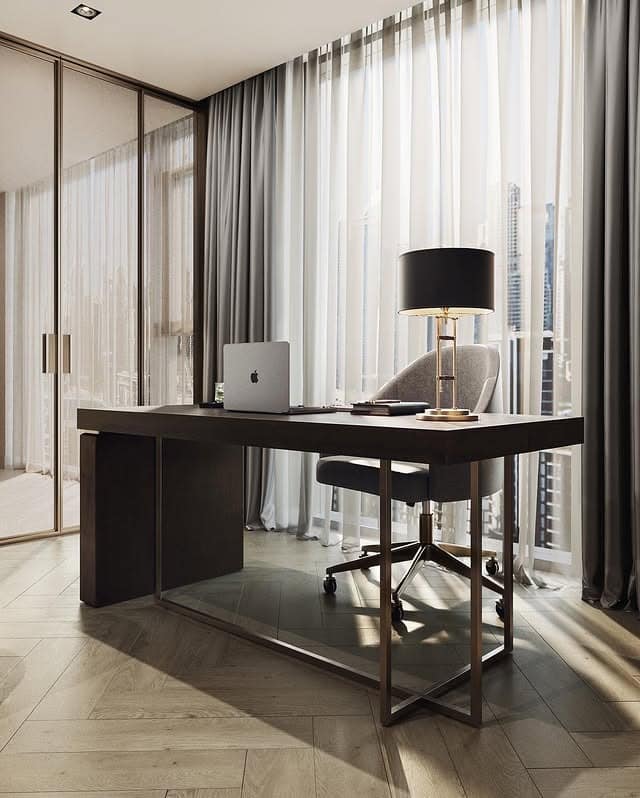 16. Contemporary Glass Wall Office with Dark Wood Desk - small office ideas