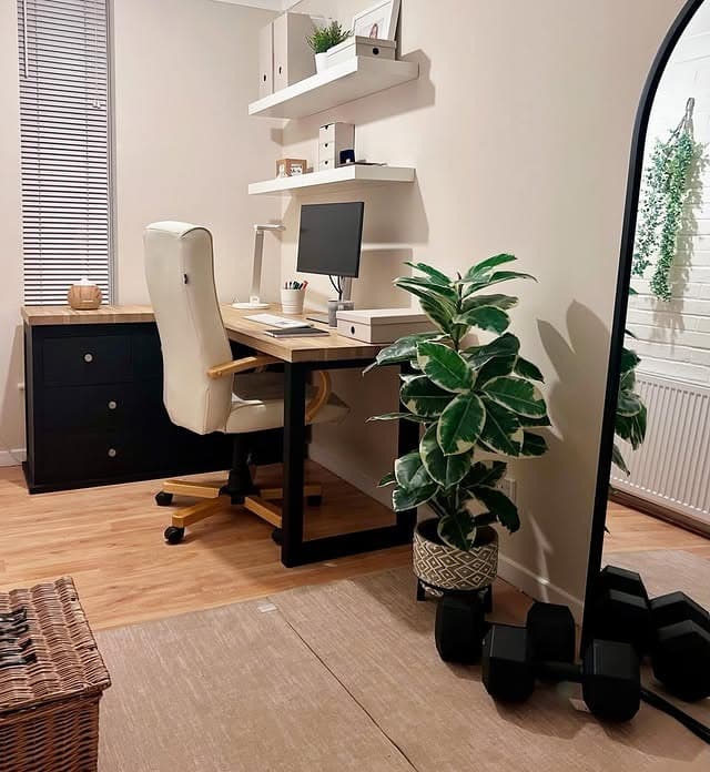 17. Neutral Home Office Corner with Floating Shelves and Greenery - small office ideas