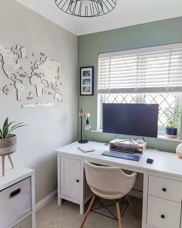 21. Soft Sage Green Small Office with World Map Wall Art - small office ideas