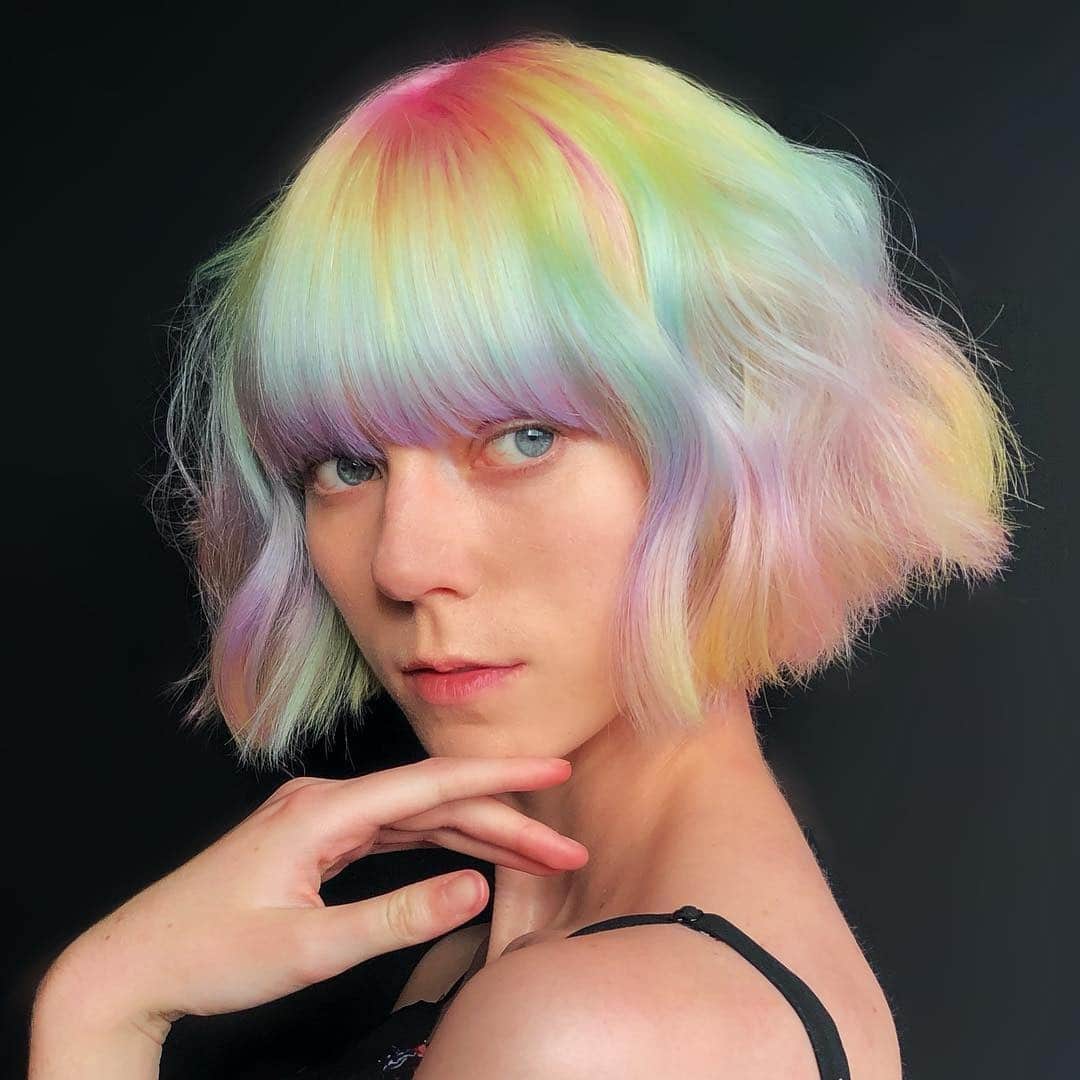 14. Short Pastel Rainbow Bob with Blunt Fringe - Pastel Hair Colors