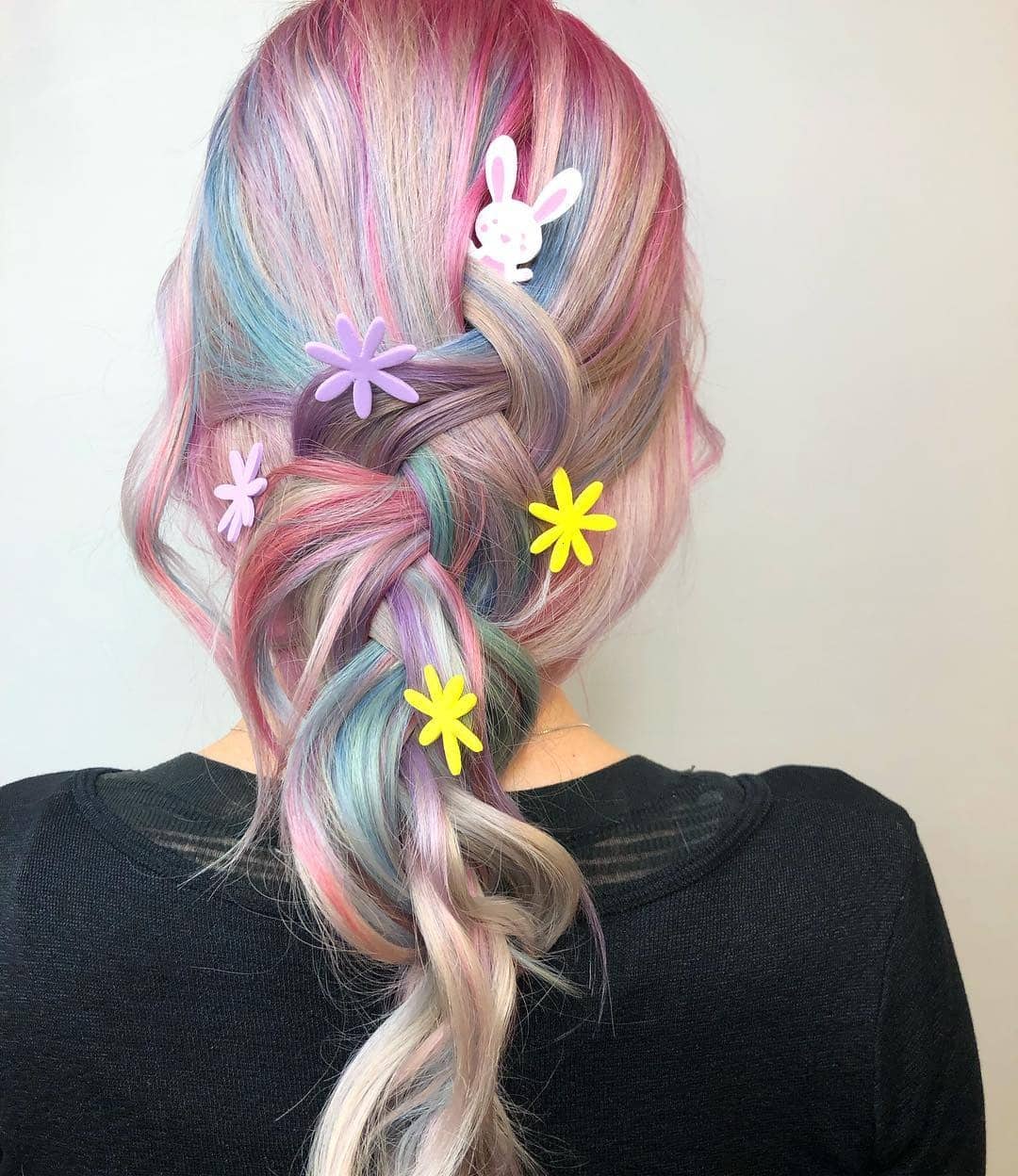 21. Pastel Rainbow Braided Low Ponytail - Pastel Hair Colors