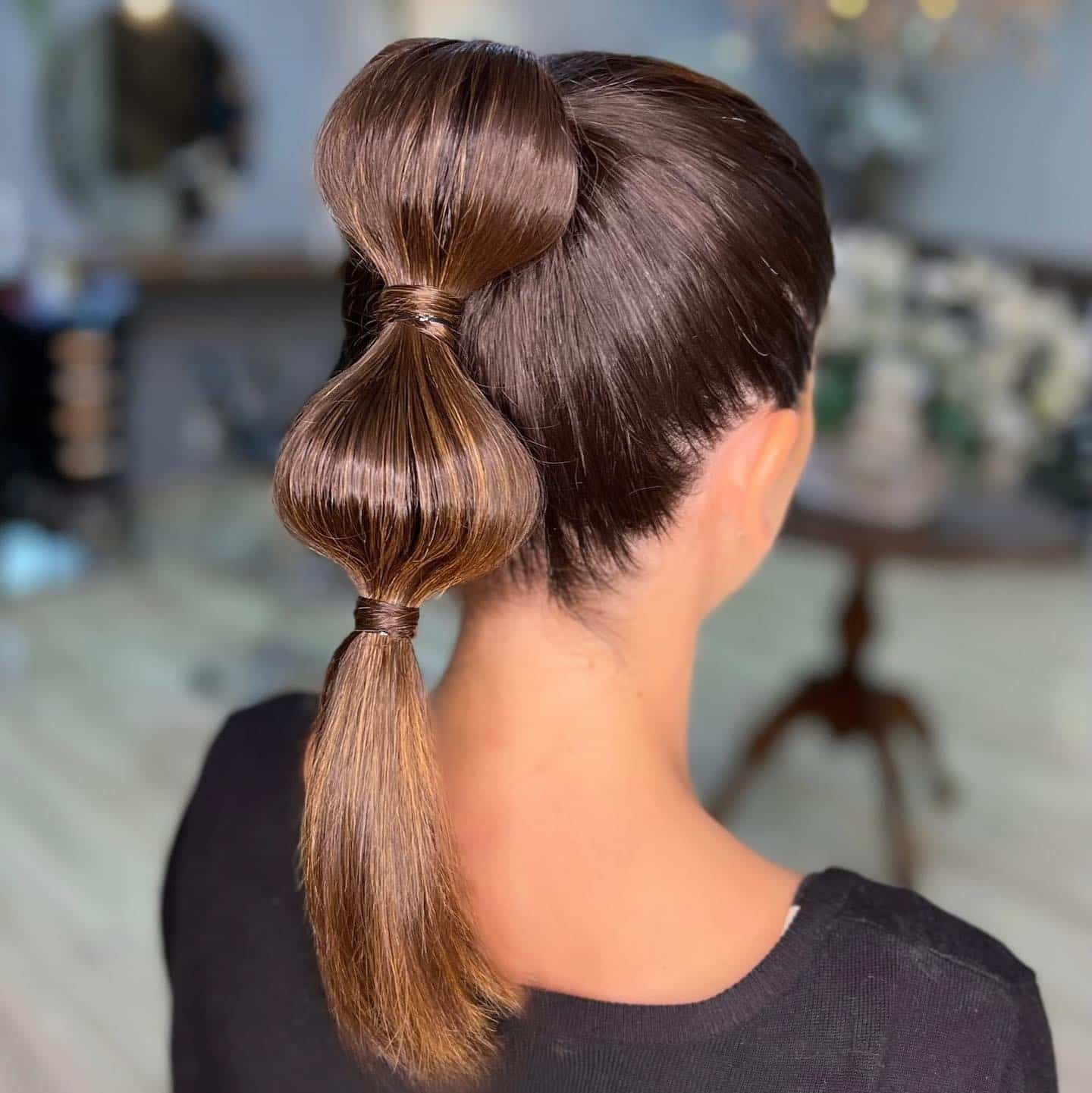 1. Sculpted Bubble Ponytail with Glossy Chestnut Brown - Ponytail Hairstyles